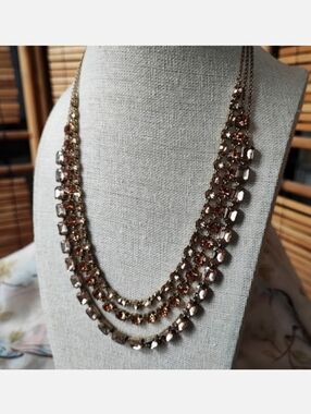 Loft Triple Strand Topaz Peach Emerald Cut Rhinestone Necklace Ann Taylor EUC